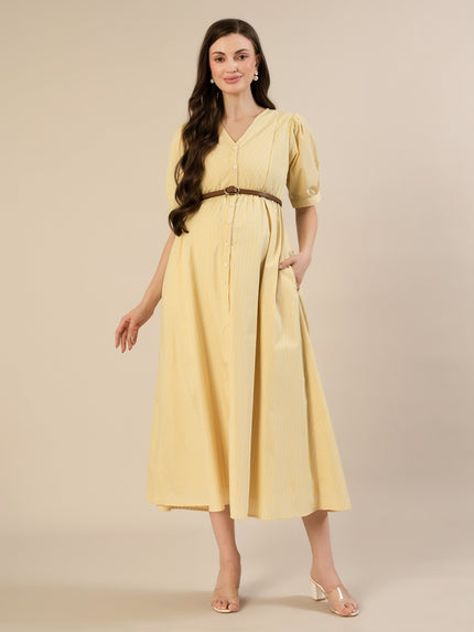 Maternity & Nursing Yellow Stripe Belted Midi Dress