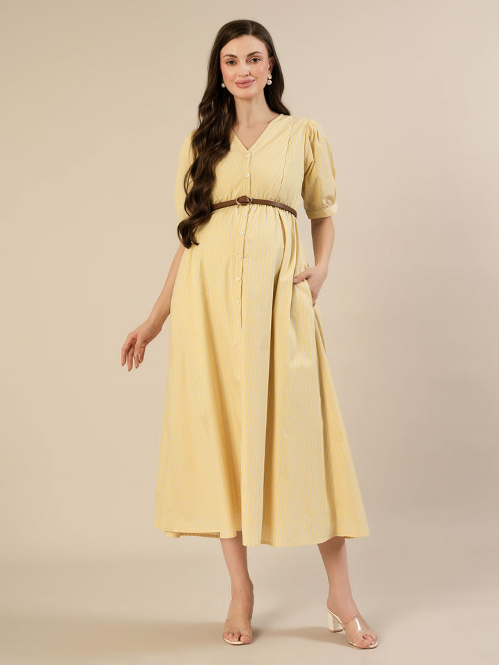 Maternity & Nursing Yellow Stripe Belted Midi Dress