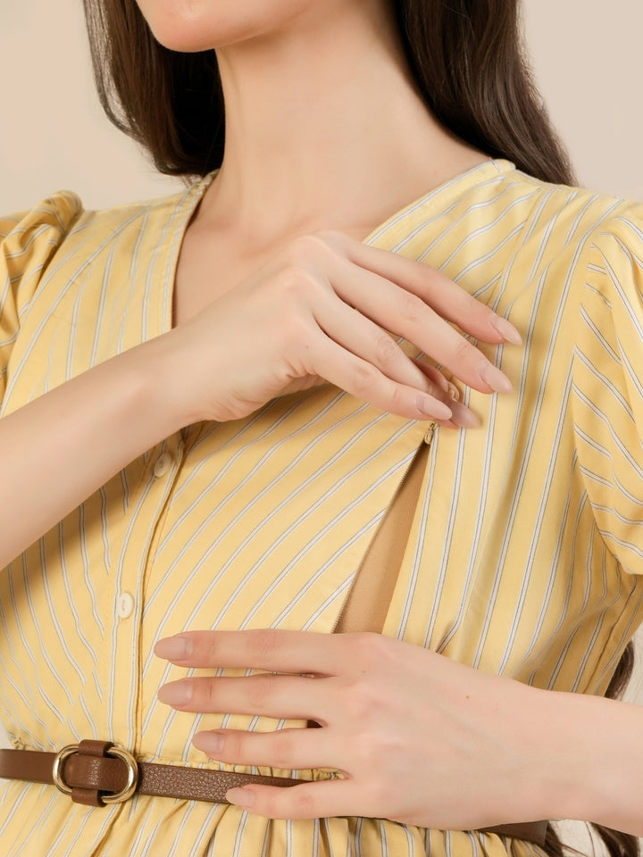 Maternity & Nursing Yellow Stripe Belted Midi Dress