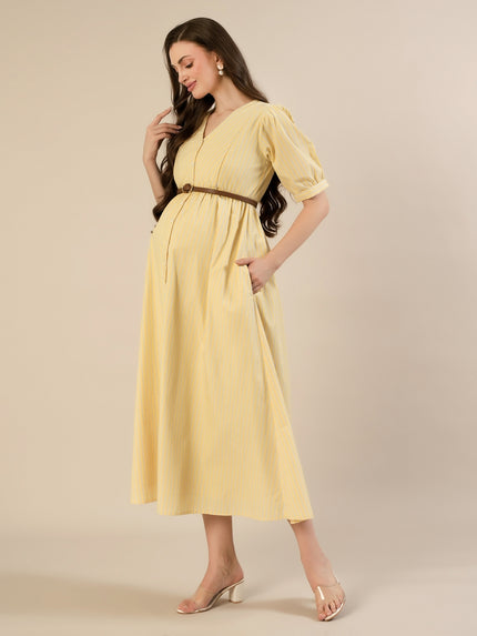 Maternity & Nursing Yellow Stripe Belted Midi Dress