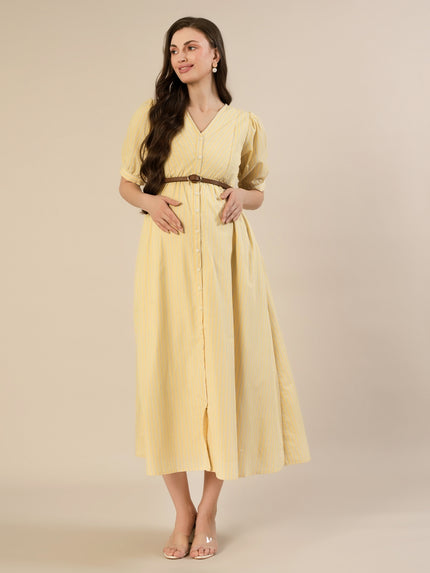 Maternity & Nursing Yellow Stripe Belted Midi Dress