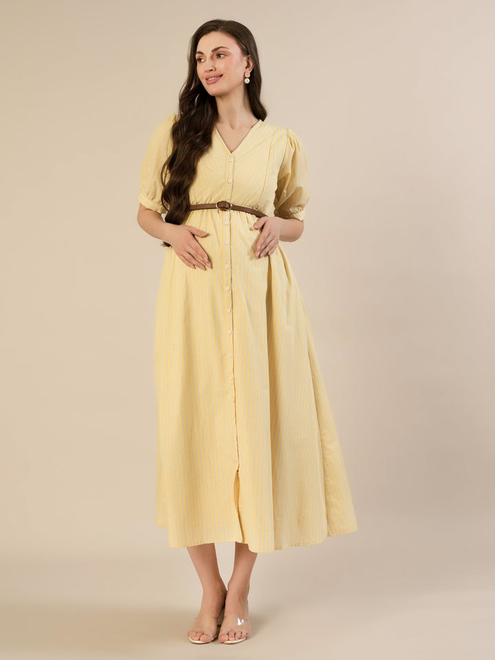 Maternity & Nursing Yellow Stripe Belted Midi Dress