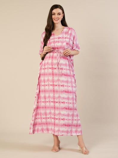 Maternity & Nursing Pink Tie-Dye Kaftan Maxi Dress