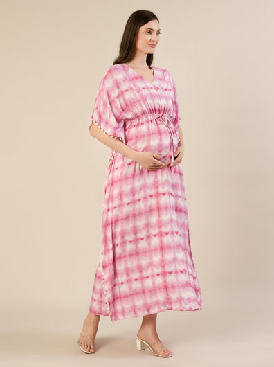 Maternity & Nursing Pink Tie-Dye Kaftan Maxi Dress