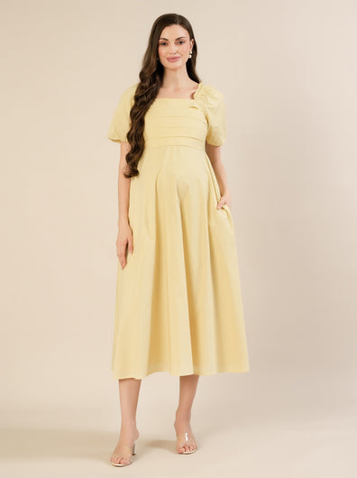 Maternity & Nursing Yellow Puff Sleeve Cotton Midi Dress