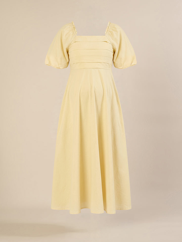Maternity & Nursing Yellow Puff Sleeve Cotton Midi Dress