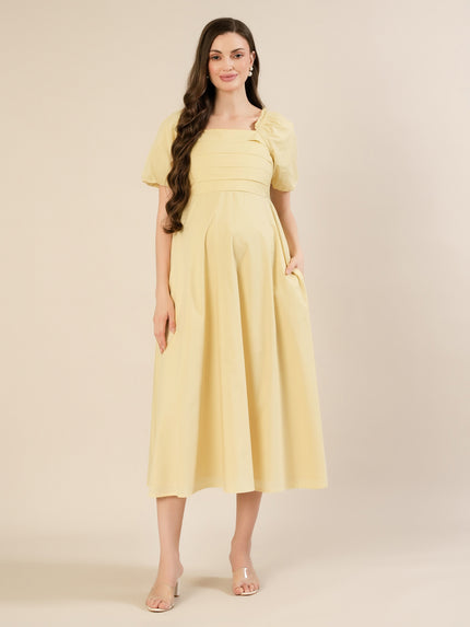Maternity & Nursing Yellow Puff Sleeve Cotton Midi Dress