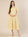 Maternity & Nursing Yellow Puff Sleeve Cotton Midi Dress