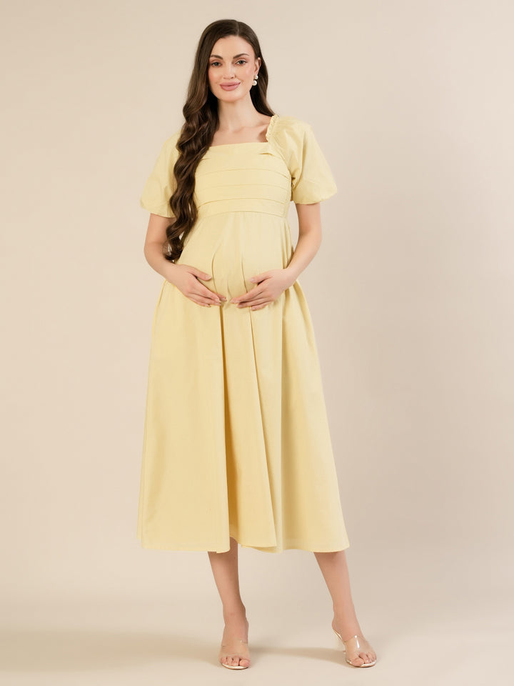 Maternity & Nursing Yellow Puff Sleeve Cotton Midi Dress