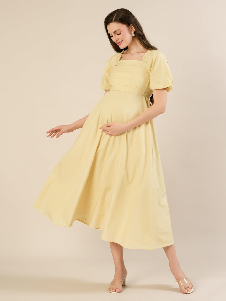 Maternity & Nursing Yellow Puff Sleeve Cotton Midi Dress