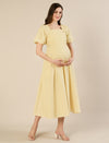 Maternity & Nursing Yellow Puff Sleeve Cotton Midi Dress