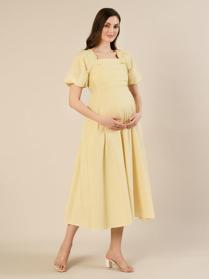 Maternity & Nursing Yellow Puff Sleeve Cotton Midi Dress