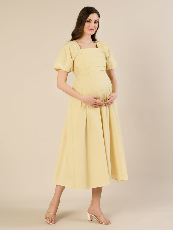 Maternity & Nursing Yellow Puff Sleeve Cotton Midi Dress