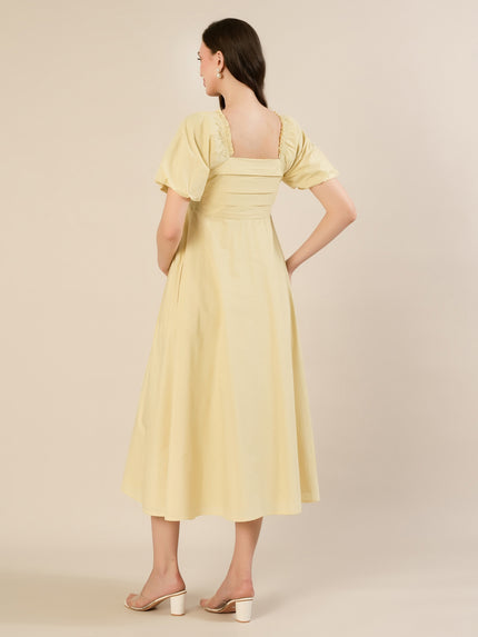 Maternity & Nursing Yellow Puff Sleeve Cotton Midi Dress
