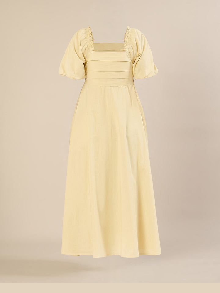 Maternity & Nursing Yellow Puff Sleeve Cotton Midi Dress