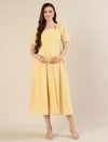 Maternity & Nursing Yellow Puff Sleeve Cotton Midi Dress