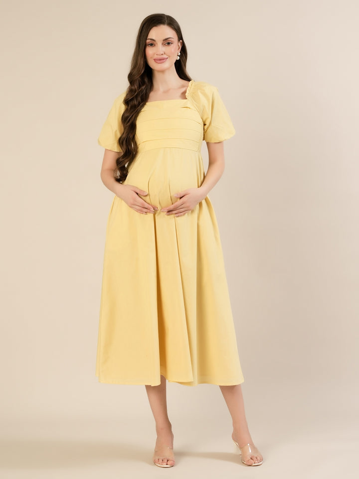 Maternity & Nursing Yellow Puff Sleeve Cotton Midi Dress