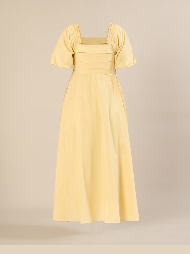 Maternity & Nursing Yellow Puff Sleeve Cotton Midi Dress