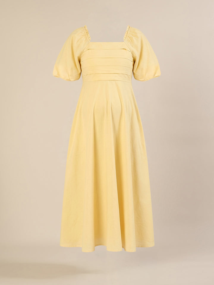 Maternity & Nursing Yellow Puff Sleeve Cotton Midi Dress
