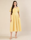 Maternity & Nursing Yellow Puff Sleeve Cotton Midi Dress