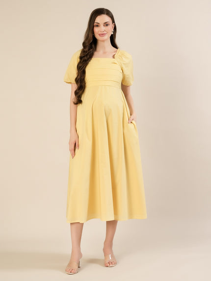 Maternity & Nursing Yellow Puff Sleeve Cotton Midi Dress