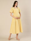 Maternity & Nursing Yellow Puff Sleeve Cotton Midi Dress
