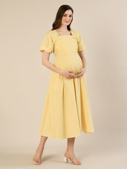 Maternity & Nursing Yellow Puff Sleeve Cotton Midi Dress