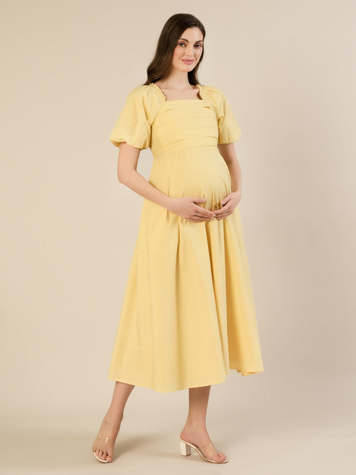 Maternity & Nursing Yellow Puff Sleeve Cotton Midi Dress