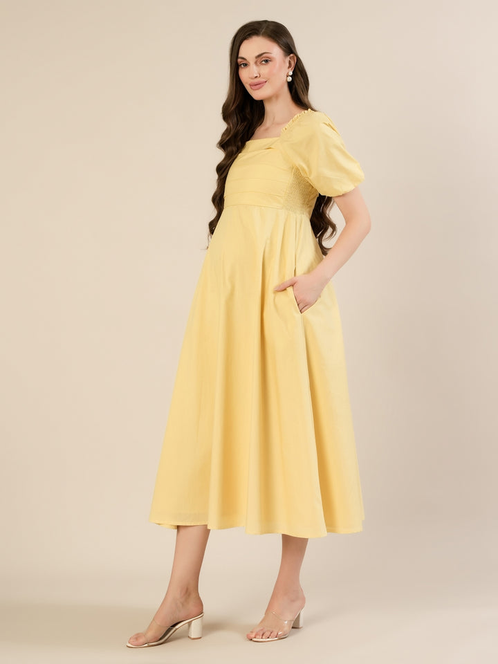 Maternity & Nursing Yellow Puff Sleeve Cotton Midi Dress