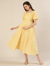 Maternity & Nursing Yellow Puff Sleeve Cotton Midi Dress