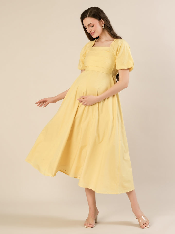 Maternity & Nursing Yellow Puff Sleeve Cotton Midi Dress