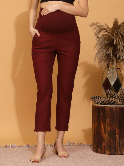 Stretchy Cotton Maternity Formal Pants- Burgundy
