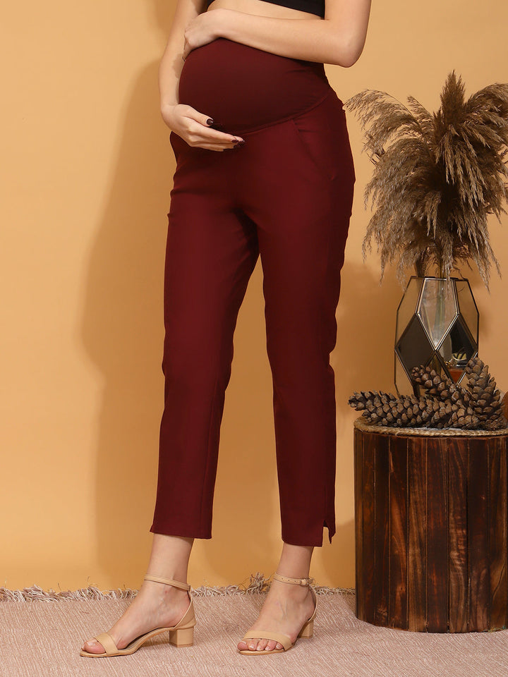 Stretchy Cotton Maternity Formal Pants- Burgundy