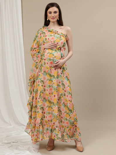 Maternity One Shoulder Maxi Dress- Peach