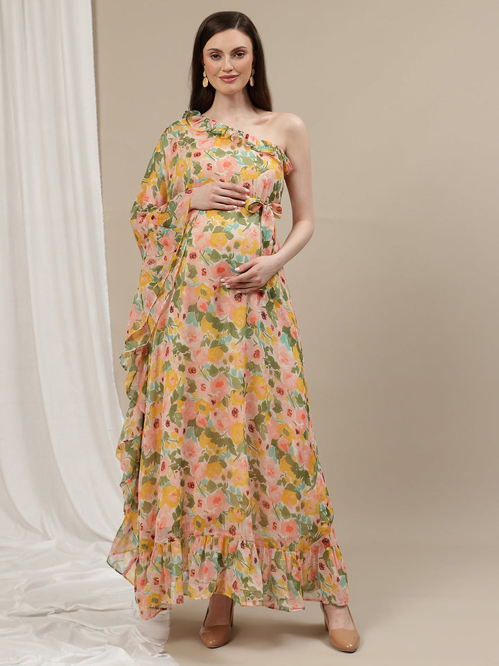 Maternity One Shoulder Maxi Dress- Peach