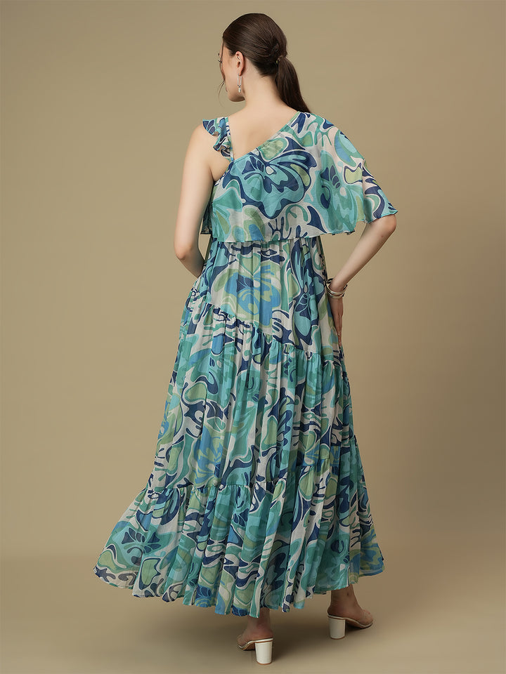 Maternity One-Shoulder Tiered Blue Dress