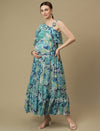 Maternity One-Shoulder Tiered Blue Dress