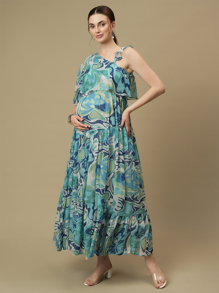 Maternity One-Shoulder Tiered Blue Dress