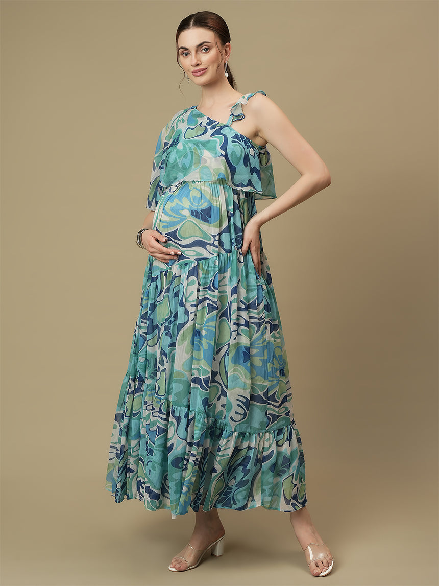 Maternity One-Shoulder Tiered Blue Dress
