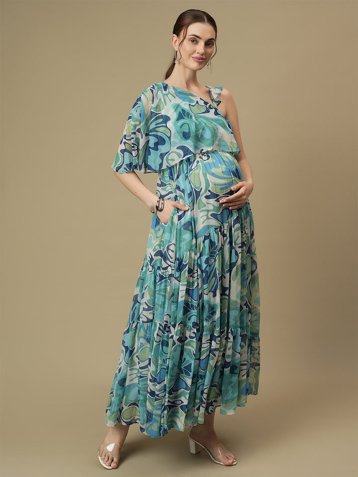 Maternity One-Shoulder Tiered Blue Dress