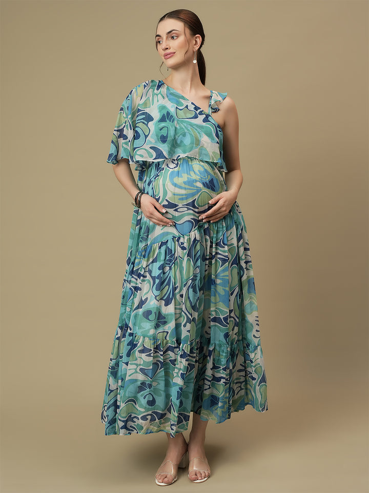 Maternity One-Shoulder Tiered Blue Dress