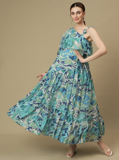 Maternity One-Shoulder Tiered Blue Dress