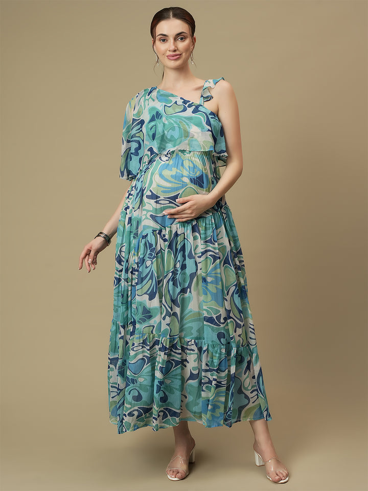 Maternity One-Shoulder Tiered Blue Dress