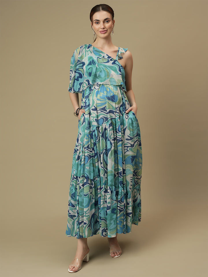 Maternity One-Shoulder Tiered Blue Dress