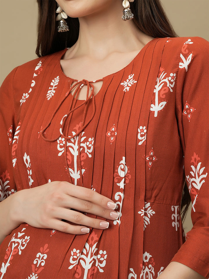 Maternity Orange Knotted Kurti Tunic Top