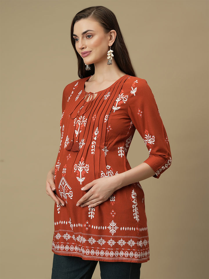 Maternity Orange Knotted Kurti Tunic Top