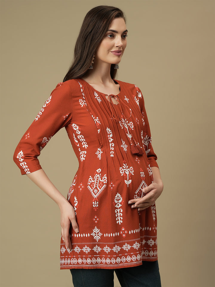 Maternity Orange Knotted Kurti Tunic Top