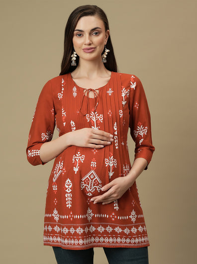 Maternity Orange Knotted Kurti Tunic Top