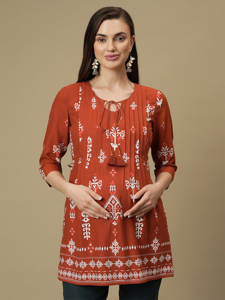 Maternity Orange Knotted Kurti Tunic Top