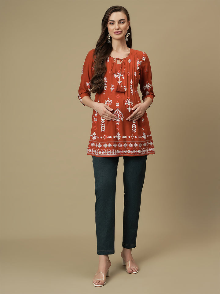Maternity Orange Knotted Kurti Tunic Top